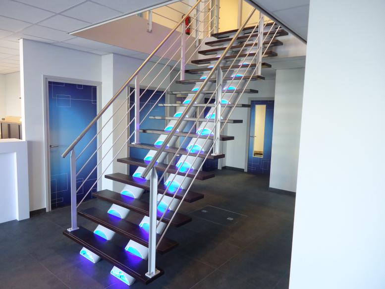 Representatieve luxe kantoor trap met trapbomen van ovale buis, wengé trede en RVS bovenleuning.
Tr
